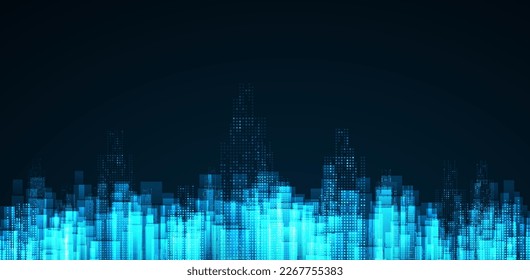 Paisaje urbano sobre fondo azul oscuro con neón brillante brillante brillante. Antecedentes de la ciudad tecnológica