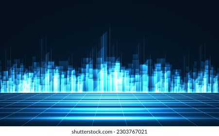 Cityscape on dark blue background with bright glowing neon. Technology city background