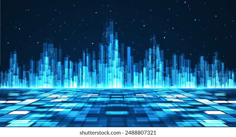 Cityscape on dark blue background with bright glowing neon. Technology city background