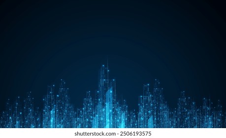 Cityscape on dark blue background with bright glowing neon. Technology city background