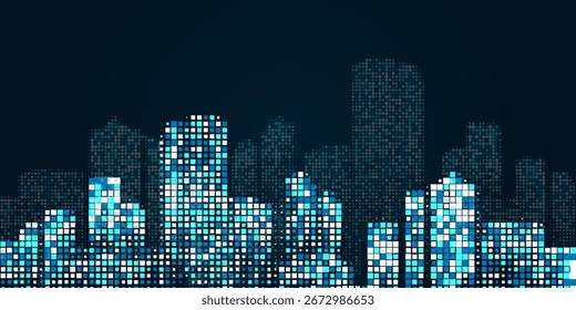 Cityscape on dark blue background with bright glowing neon. Technology city background. Eps10