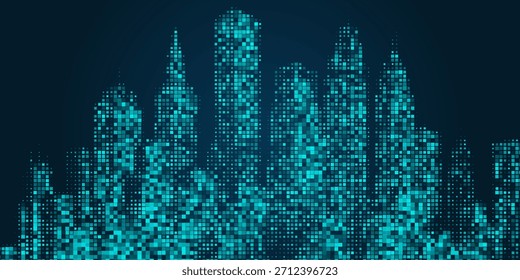 Paisaje urbano sobre fondo azul oscuro con neón brillante brillante. Fondo de la ciudad de Tecnología
