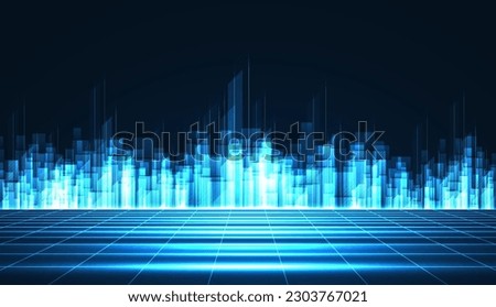 Cityscape on dark blue background with bright glowing neon. Technology city background