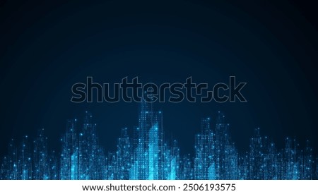 Cityscape on dark blue background with bright glowing neon. Technology city background