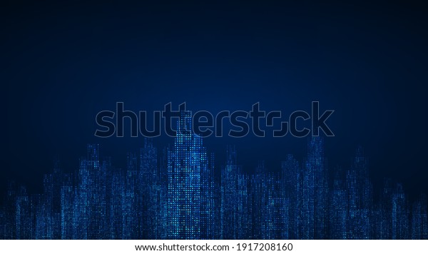Cityscape on dark blue background with bright\
glowing neon. Technology city\
background