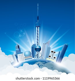 Cityscape on the Earth, Shanghai's landmark architecture - Oriental Pearl.
