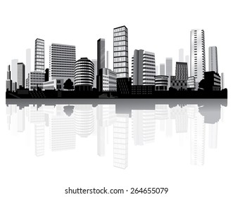 Paisagem urbana no rio. Arquitetura em preto e branco. Vetor.