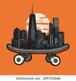 Cityscape on skateboard with big sun on the background. Skateboarding illustration isolated.