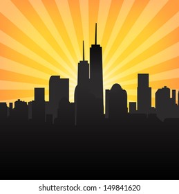 Cityscape on Sunburst Pattern. Vector illustration