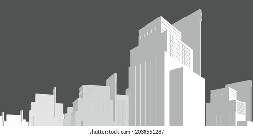 Cityscape on white background, Building perspective, Modern building in the city skyline, city silhouette, Business center, Vector illustration in flat design.