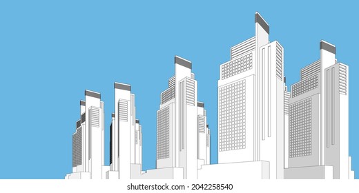 Cityscape sobre fondo blanco, Perspectiva de la construcción, Edificio moderno en el horizonte de la ciudad, silueta de ciudad, Centro de negocios, Ilustración vectorial en diseño plano.