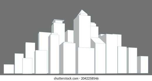 Stadtbild auf weißem Hintergrund, Bauperspektive, Modernes Gebäude in der Skyline der Stadt, Silhouette der Stadt, Businesscenter, Vektorgrafik in flachem Design.