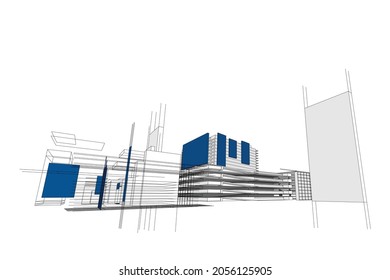 Stadtlandschaft auf weißem Hintergrund, Bauperspektive, Modernes Gebäude in der Skyline der Stadt, Silhouette, Wolkenkratzer, Businesscenter, Vektorgrafik in flachem Design.