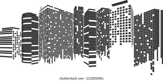 Stadtlandschaft auf weißem Hintergrund, Bauperspektive, Modernes Gebäude in der Skyline der Stadt, Silhouette, Wolkenkratzer, Businesscenter, Vektorgrafik in flachem Design.