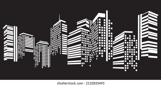 Cityscape sobre fondo blanco, Perspectiva de la construcción, Edificio moderno en el horizonte de la ciudad, silueta de la ciudad, rascacielos de la ciudad, Centro de negocios, Ilustración vectorial en diseño plano.