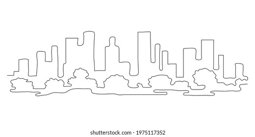 Cityscape outdoor of large city with buildings, art line continuous. Silhouette skyscrapers metropolis, architecture panoramic landscape. Apartment buildings exterior with nature. Vector illustration