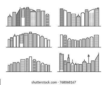 Cityscape outline background set. Modern futuristic megalopolis architectural concept skyline. Linear design city landscape. Editable stroke. Paths are not expanded. EPS 10 vector illustration