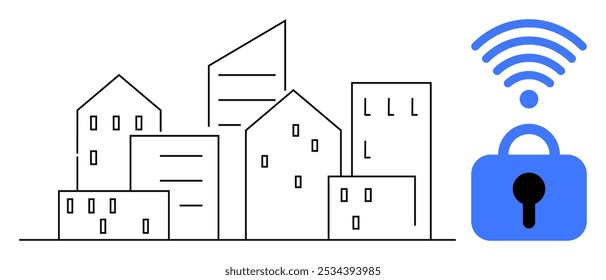 Cityscape outline with a blue wireless security lock symbol. Ideal for smart city concepts, cybersecurity, wireless network security, urban planning, and digital security themes. Minimalist vector