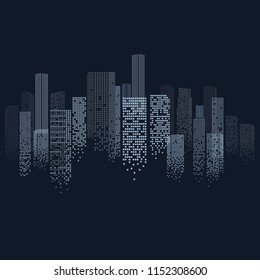 Cityscape Outline in Modern Digital Design Isolated on Blue Background. Urban Night Scene. Vector Illustration