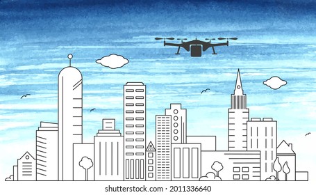 Cityscape outline vector drawing illustration with drone and urban skyline panorama.