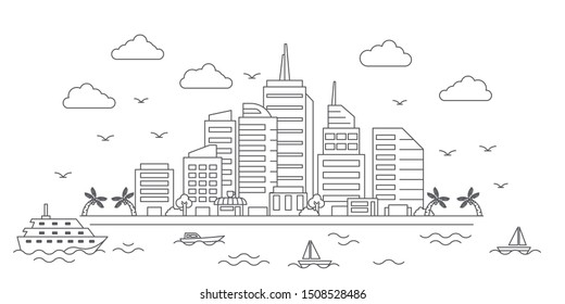 Cityscape outline vector with the sea in front of it with various ships