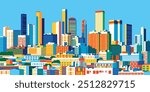 Cityscape overlooking high-rise corporate buildings in the commercial and financial center and luxury condominiums in the city center. Handmade drawing vector illustration. Pop art style poster.