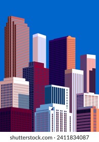 Cityscape overlooking high-rise corporate buildings in the commercial and financial center and luxury condominiums in the city center. Handmade drawing vector illustration. Pop art style poster.