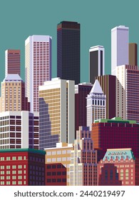 Cityscape overlooking high-rise corporate buildings in the commercial and financial center and luxury condominiums in the city center. Handmade drawing vector illustration. Pop art style poster.