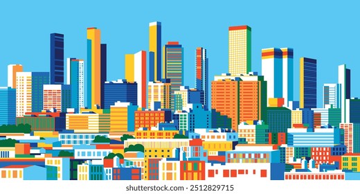 Cityscape overlooking high-rise corporate buildings in the commercial and financial center and luxury condominiums in the city center. Handmade drawing vector illustration. Pop art style poster.