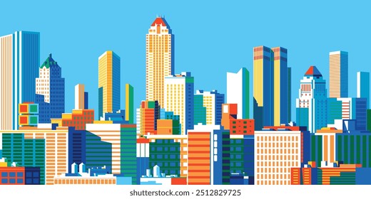 Cityscape overlooking high-rise corporate buildings in the commercial and financial center and luxury condominiums in the city center. Handmade drawing vector illustration. Pop art style poster.