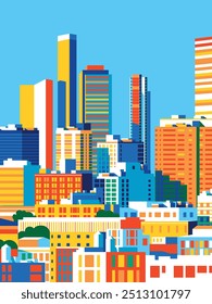 Paisagem urbana com vista para edifícios corporativos de alto nível no shopping e financeiro e condomínios de luxo no centro da cidade. Ilustração de vetor de desenho artesanal. Cartaz estilo pop art.