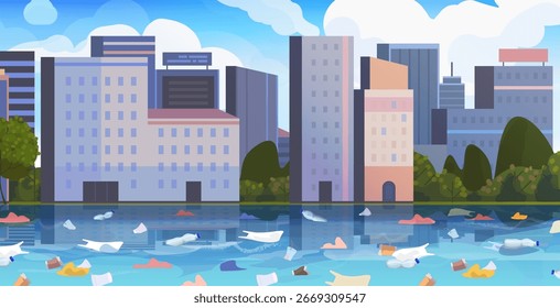 Paisagem urbana com vista para águas poluídas e repletas de lixo plástico. Vetor não gerado pelo AI