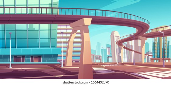 Cityscape with overpass highway or subway above crossroad and town street. Vector cartoon landscape of modern city with skyscrapers, crosswalk and road on bridge