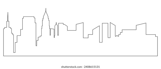 El paisaje urbano, el panorama, la metrópolis arquitectónica. Una línea de rascacielos, silueta de ciudad, boceto callejero. Zona central de edificios・, infraestructura urbana. Dibujo vectorial lineal, línea mono, doodle.