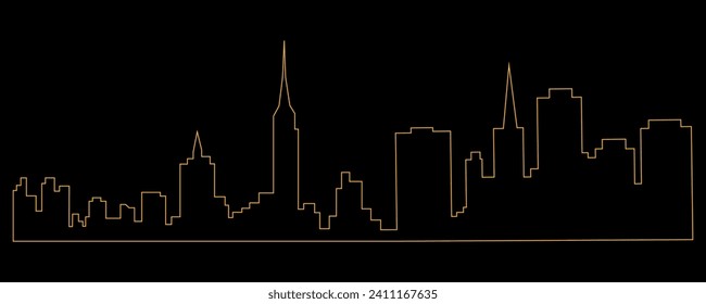 Cityscape, panorama, architectural metropolis. One line of skyscrapers, city silhouette, street sketch. Central area of ​​buildings, urban infrastructure. Vector, mono line, doodle. Black background.