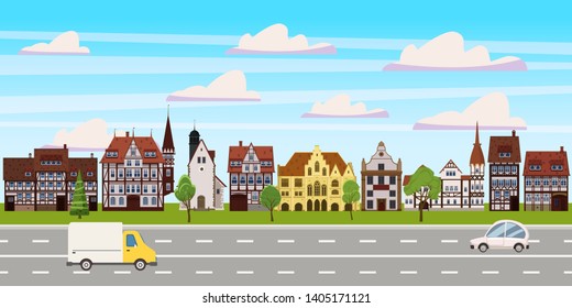 Cityscape, panorama horizontal view, old buildings architecture, road highway cars. Vector, illustration, cartoon, isolated