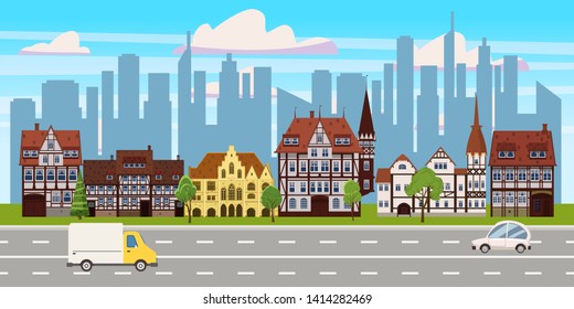 Cityscape, panorama horizontal view, old buildings architecture, skyscrapers modern buildings silhouettes in the background, road highway cars. Vector, illustration, cartoon, isolated