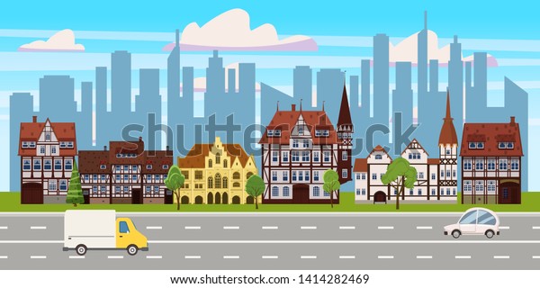 Cityscape,\
panorama horizontal view, old buildings architecture, skyscrapers\
modern buildings silhouettes in the background, road highway cars.\
Vector, illustration, cartoon,\
isolated