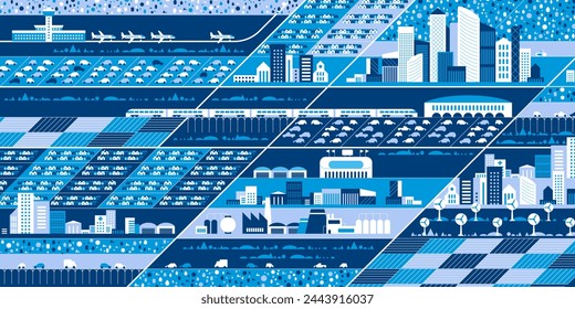 Cityscape panorama. Megapolis city view. Smart city. Urban landscape with many building. Collection of houses, skyscrapers, buildings, supermarkets with streets and traffic. Vector illustration