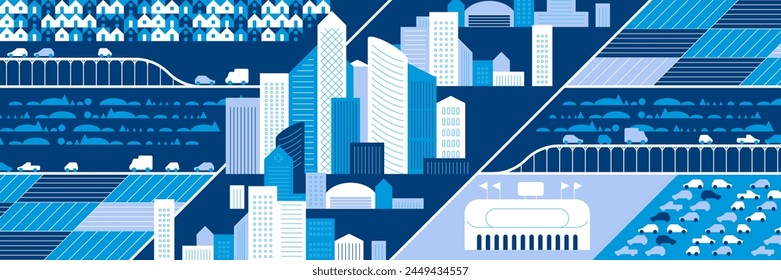 Stadtbild-Panorama. Blick auf die Metropole. Intelligente Stadt. Urbane Landschaft mit vielen Gebäuden. Kollektion von Häusern, Wolkenkratzern, Gebäuden, Supermärkten mit Straßen und Verkehr. Vektorillustration