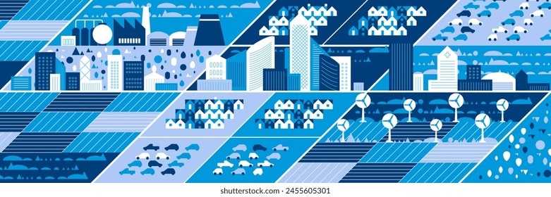 Cityscape panorama. Megapolis city view. Smart city. Urban landscape with many building. Collection of houses, skyscrapers, buildings, supermarkets with streets and traffic. Vector illustration