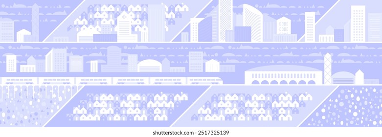 Stadtpanorama. Megapolis Stadtblick. Intelligente Stadt. Städtische Landschaft mit vielen Gebäuden. Sammlung von Häusern, Wolkenkratzern, Gebäuden, Supermärkten mit Straßen und Verkehr. Vektorgrafik