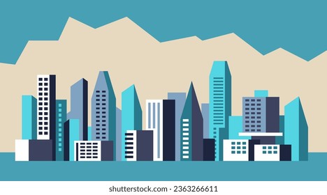 Cityscape panorama with office skylines buildings and living houses in simple geometric style