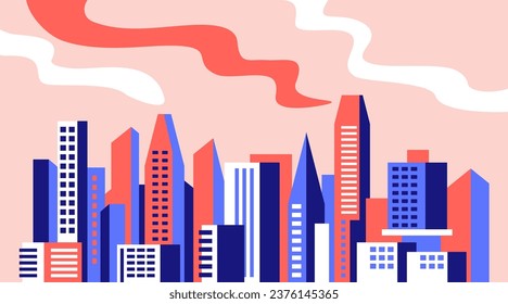 Cityscape panorama with office skylines buildings and living houses in simple geometric style on pink background