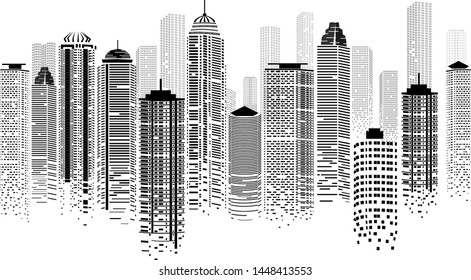 Cityscape Panorama with Skyline & Skyscrapers. One Day of Metropolis. Episode. Modern Digital Design. Vector Illustration