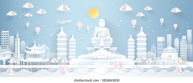 Cityscape Panorama of Taiwan, Tai Pei. Tourism concept vector illustration in blue background.