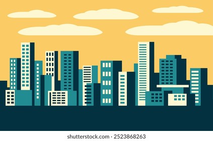 Cityscape panorama template with office skylines buildings and living houses in simple geometric style on yellow background