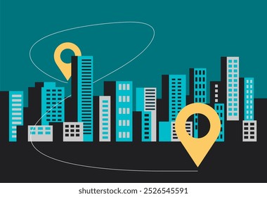 Cityscape panorama template with office skylines buildings and living houses in simple geometric style, with location pin shapes