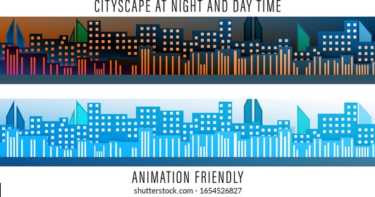 Cityscape panorama view at night and day time. Modern urban landscape with skyscrapers and buildings. Come by landmark background animation friendly