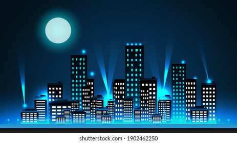 Cityscape Panoramic Night Time Or City Skyline Or City Horizon Night Flat Style. City Scape With Sky Scraper Building Blue Light Color  Landscape Vector Illustration. 